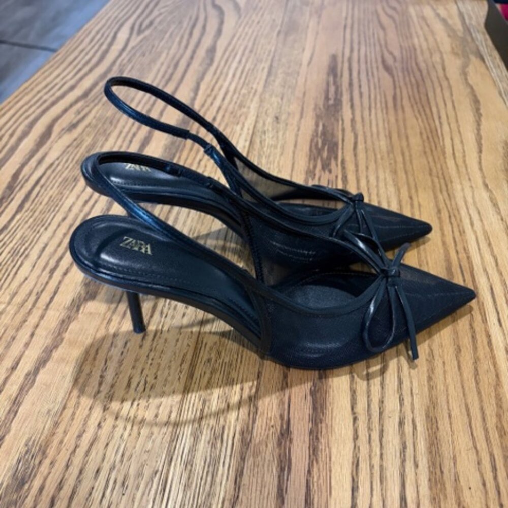 ZARA Black Mesh Heels with Bow - Picture 2 of 2
